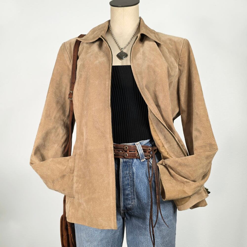 90s Tan Suede Leather Jacket Western Minimalist Zip Up Moto Boho 1X Vintage